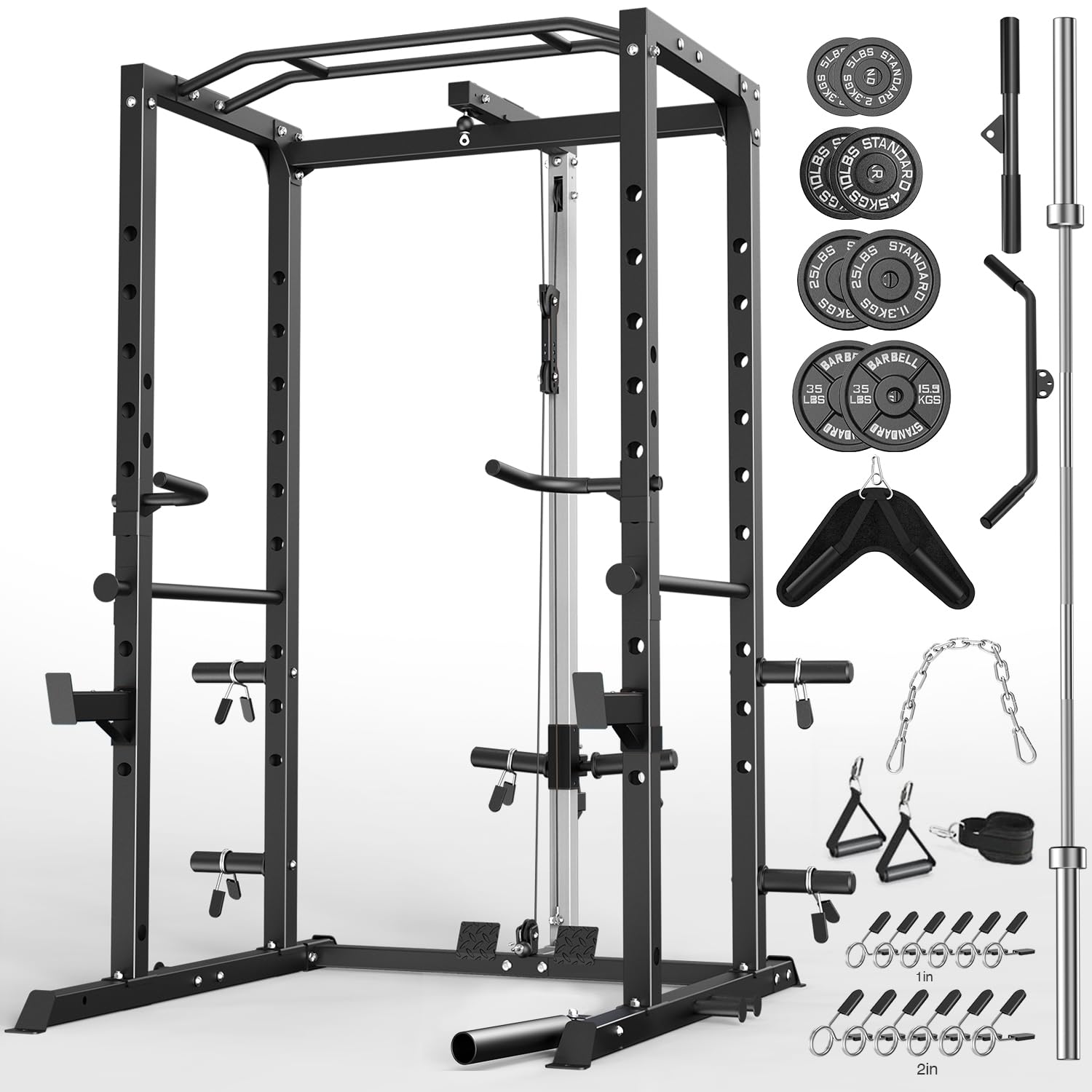 ULTRA FUEGO Power Cage, Multi-Functional Power Rack with J-Hooks, Dip Handles, Landmine Attachment and Optional Cable Pulley System for Home Gym