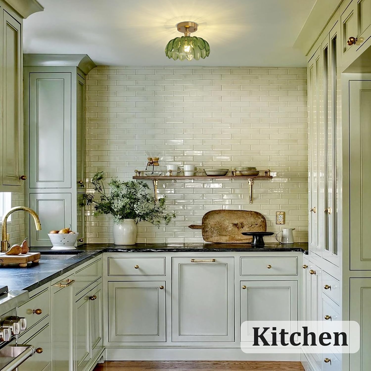 Semi Flush Mount Gold Vintage Lights Fixture with Green Peony Glass, Bulb Included, 4.72" Base Modern Ceiling Light for Kitchen, Bedroom