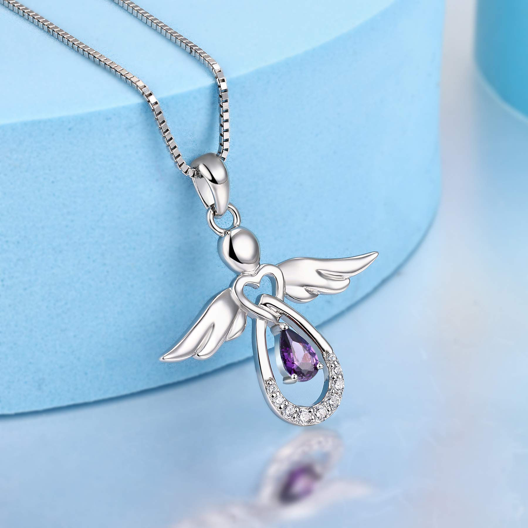 FJ Damen Kette Schutzengel Anhänger Halskette 925 Sterling Silber Engel Kette mit Geburtsstein Zirkonia Schmuck Geschenke für Frauen Mädchen
