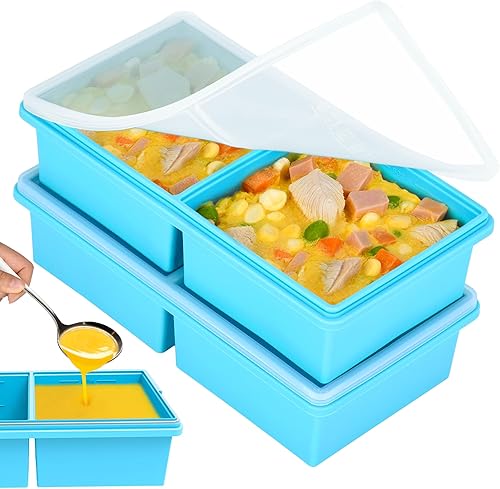 Miniatura 10 de Bandejas de silicona para congelador de 2 tazas con tapas, moldes de silicona para congelador de sopas, preparar comidas en porciones, ideal para