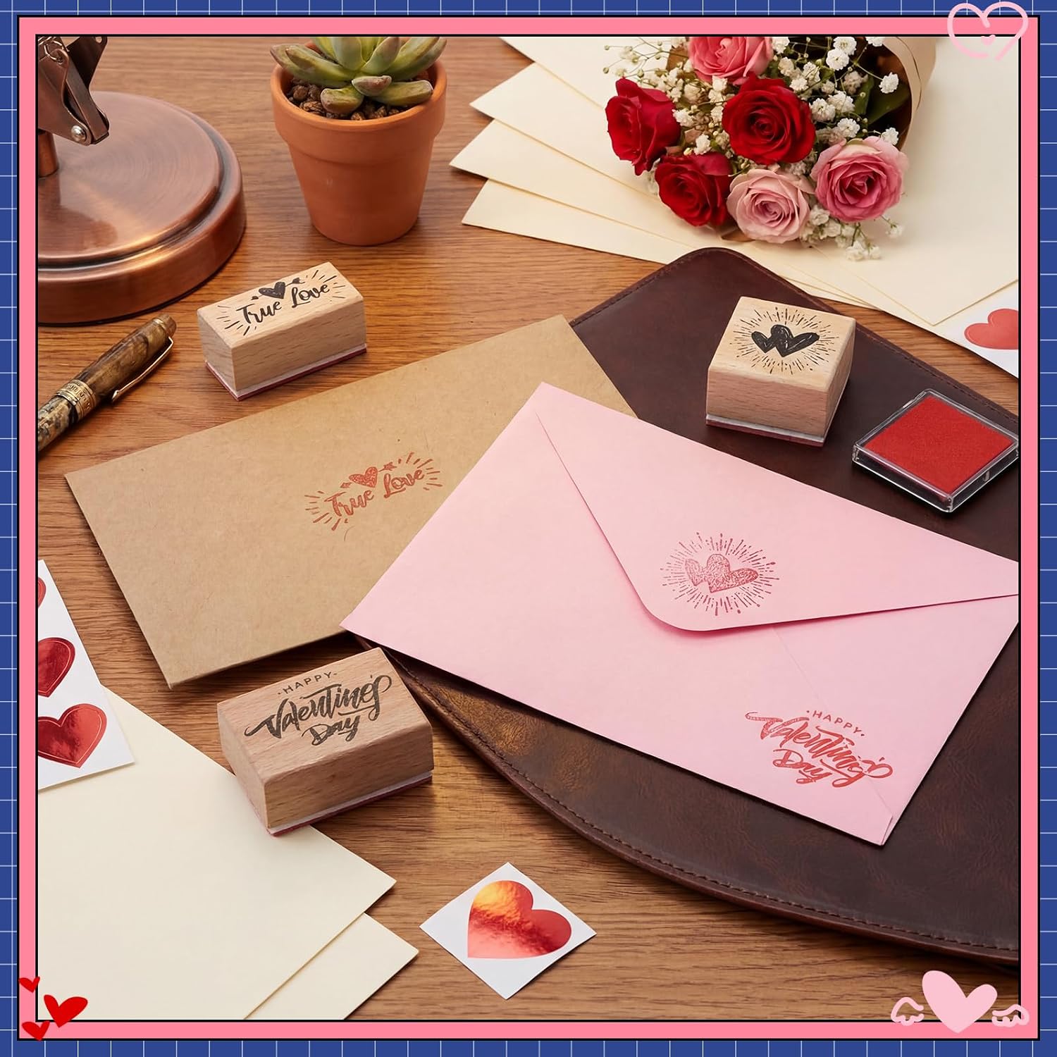 Resurhang 12 Pcs Valentine Wooden Rubber Stamps with 4 Colored Ink Pads, Heart Love Pattern Stamps Art Print for Card Making Decoration DIY Craft Scrapbooking