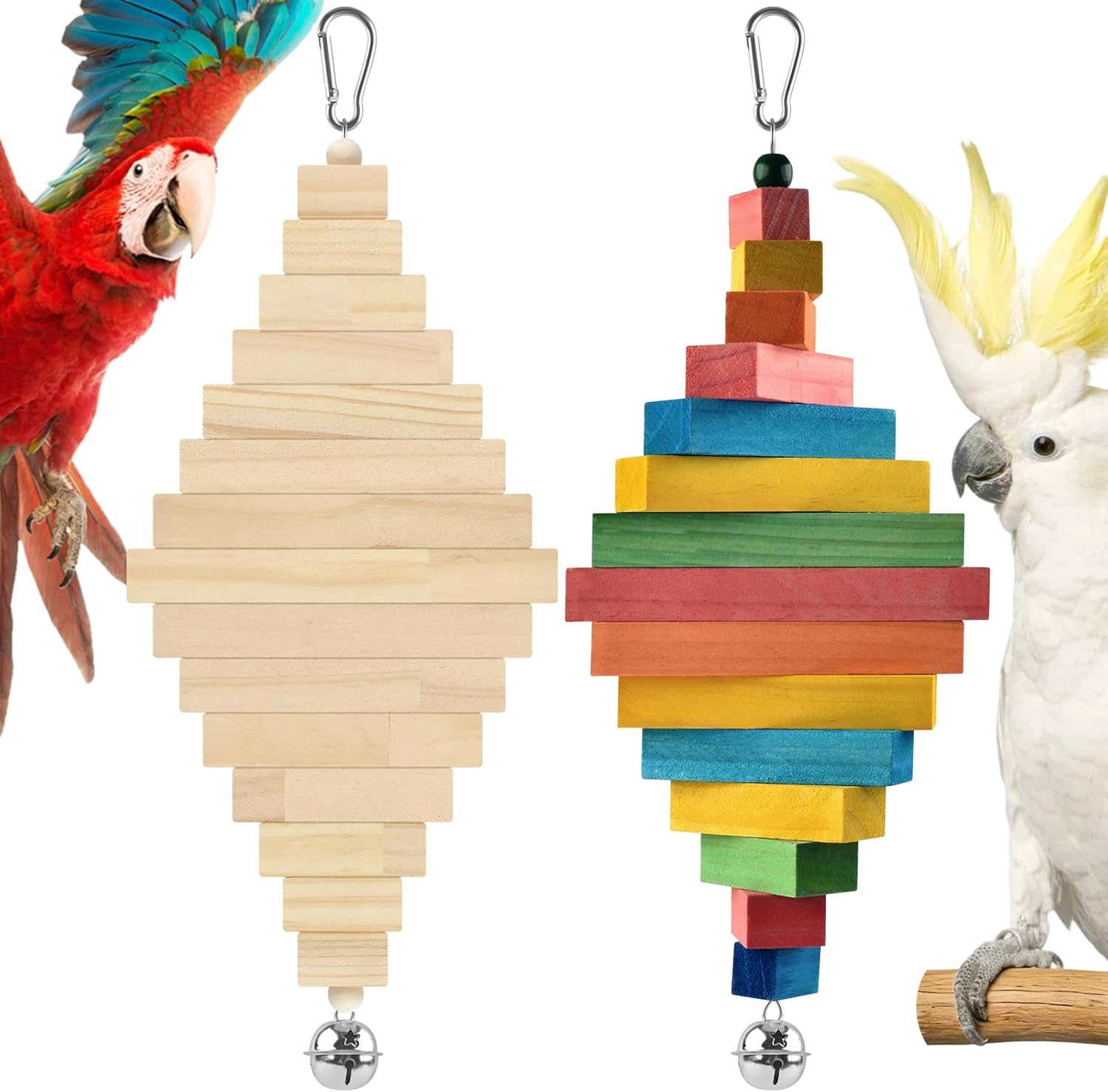 2 Pcs Large Bird Toys, Colorful Natural Wood Block Parrot Chewing Tearing Sticks Toy with Bell for Amazon, African Greys, Eclectus Parrots, Macaws