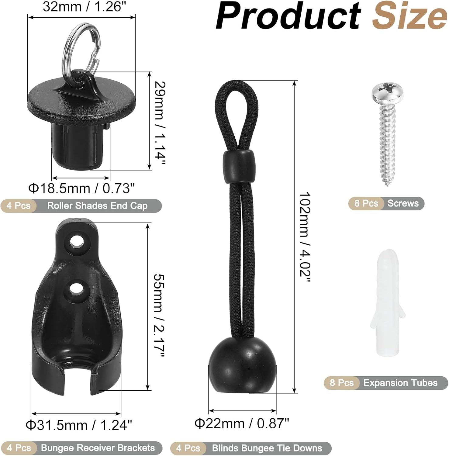 uxcell 4Set Bungee Kit, Universal Sun Shade Replacement Parts, Bungee Tie Downs, Bungee Receiver Brackets, Pull Ring End Cap for Exterior Outdoor/Indoor Roller Shade Blinds, Black