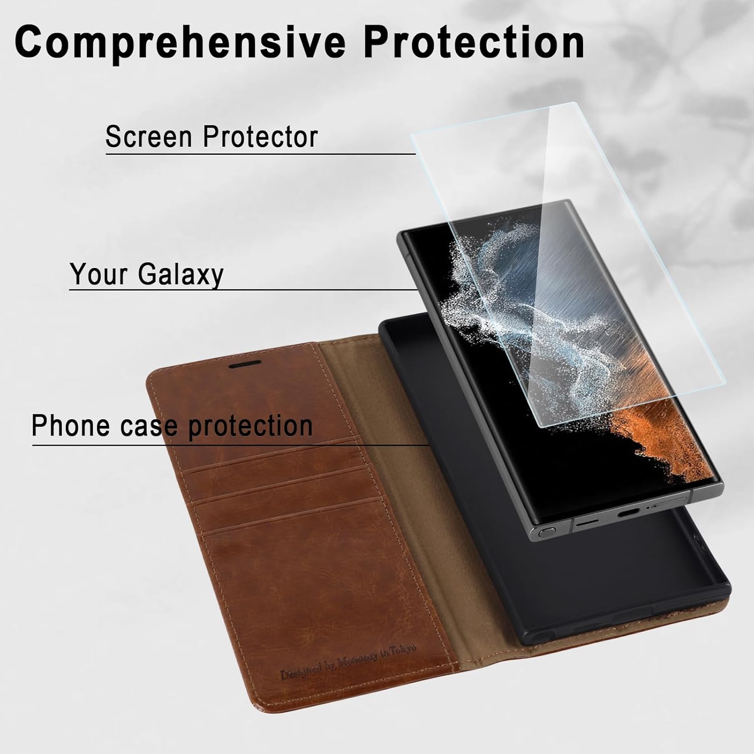 MONASAY Wallet Case Compatible for Galaxy S22 Ultra 5G, 6.8 inch [Included Screen Protector][RFID Blocking] Flip Folio Leather Cell Phone Cover with Credit Card Holder, Brown - Image 5