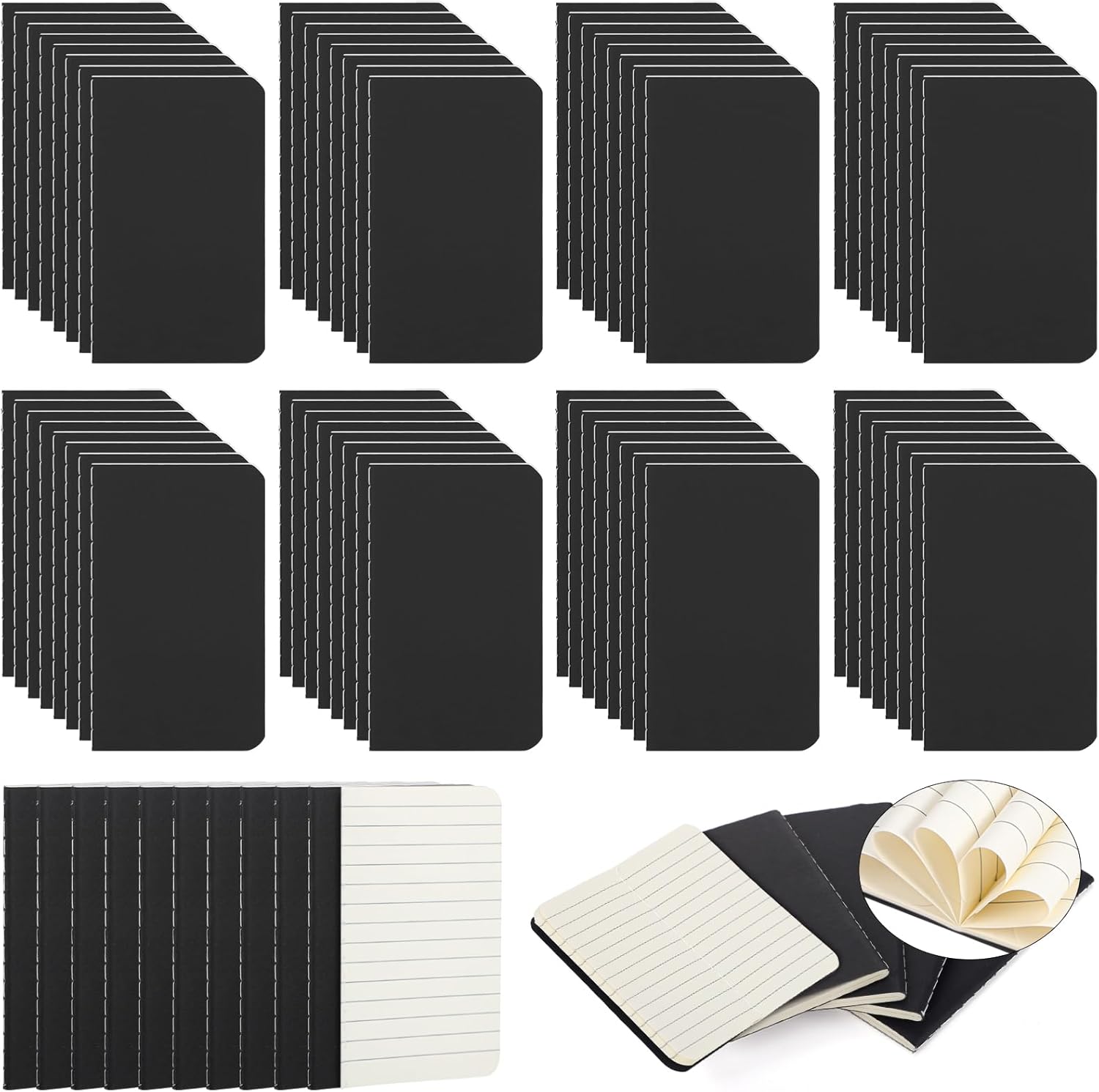 Harloon 100 Pack Mini Notebook Bulk 4 x 2.5 Inches Small Pocket Notepad Blank Lined Wallet Memos Journal Employee Appreciation Gifts for Coworker Staff Team Teacher Office School, 60 Pages(Black)