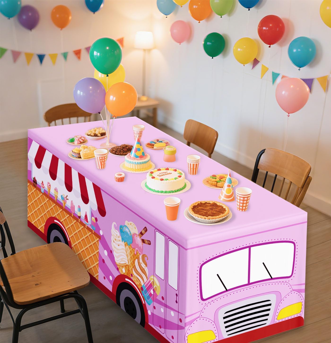 6 FT Ice Cream Truck Tablecloth Ice Cream Table Cloth Washable Fabric Polyester Rectangle Table Cover for Baby Shower Sweet One Birthday Donut Themed Party Decorations