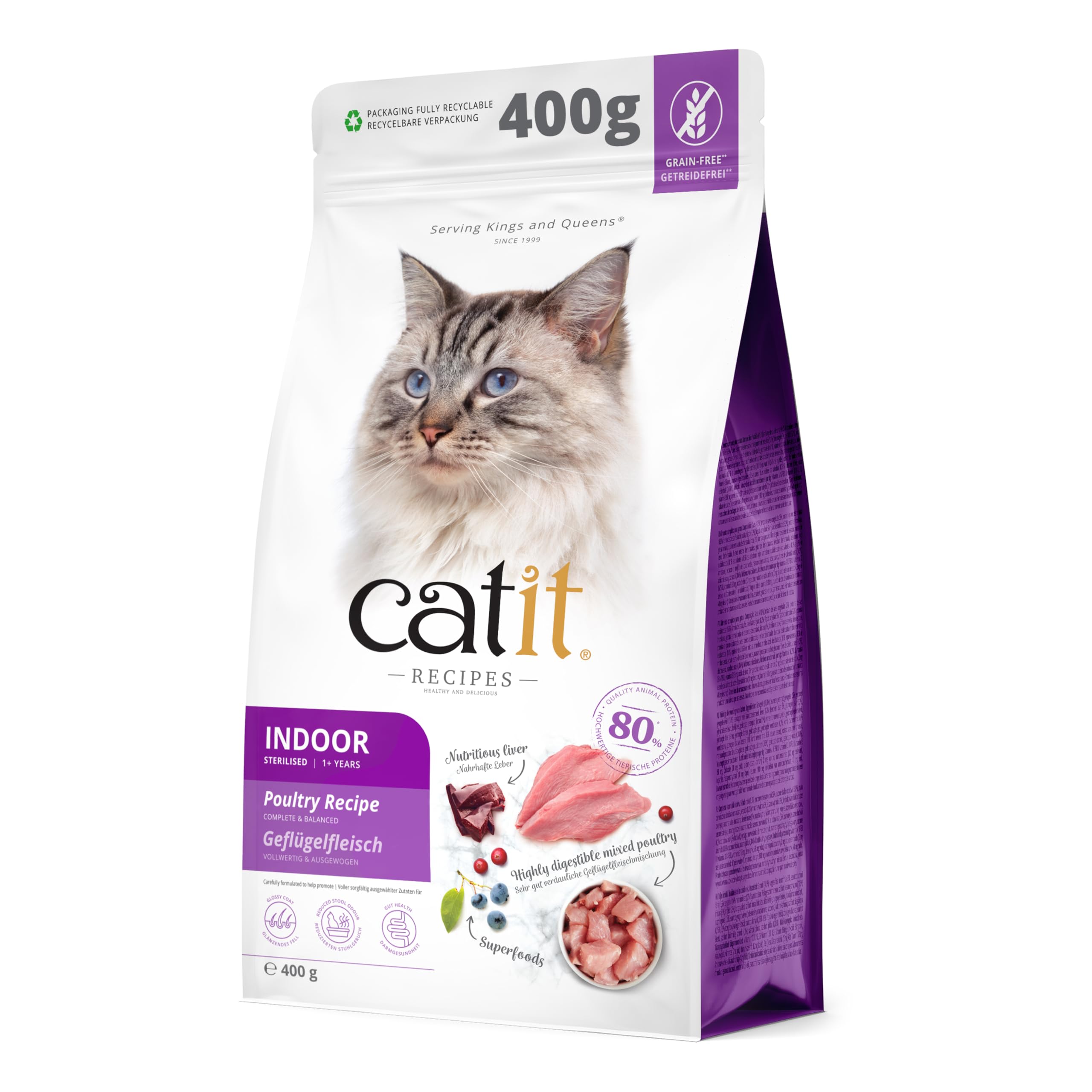Catit Recipes Indoor Poultry Natural Dry Cat Food, Grain Free Dry Food for Indoor Cats, Dried Cat Kibble with Liver, Taurine & Omega 3, 400g Bag