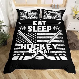 Feelyou Ice Hockey Duvet Cover American Flag Puck Hockey Bedding Set Eat Sleep Ice Hockey Comforter Cover for Boys Ice Sports Games Bedspread Cover Twin Size with 1 Pillow Case