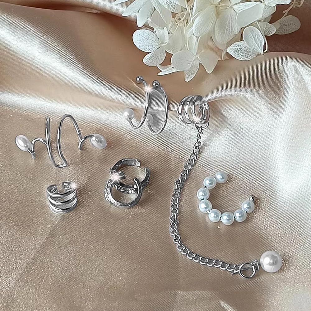 8Pcs Gold Pearl Ear Cuff Earring Set, Non Pierced Tassel Chain Stacking Clip On Earrings, Exquisite Punk Statement Jewelry Gifts for Women - Image 4