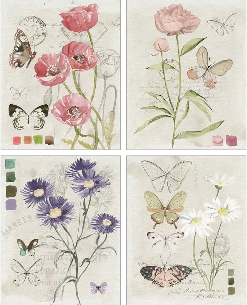 Field Notes Florals by Jennifer Parker, 4 Piece Unframed Art Print Set, 8 X 10 Inches Each, Floral Butterfly Art