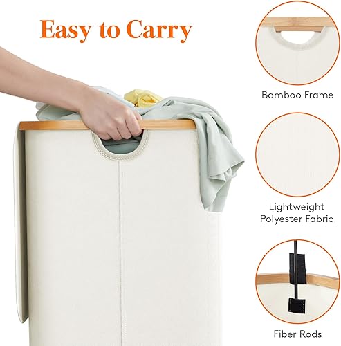 Miniatura 221 de Lifewit Cesta grande de 100 litros con tapa para ropa con asas de bambú y bolsa extraíble, plegable para dormitorio, baño, residencia universitaria