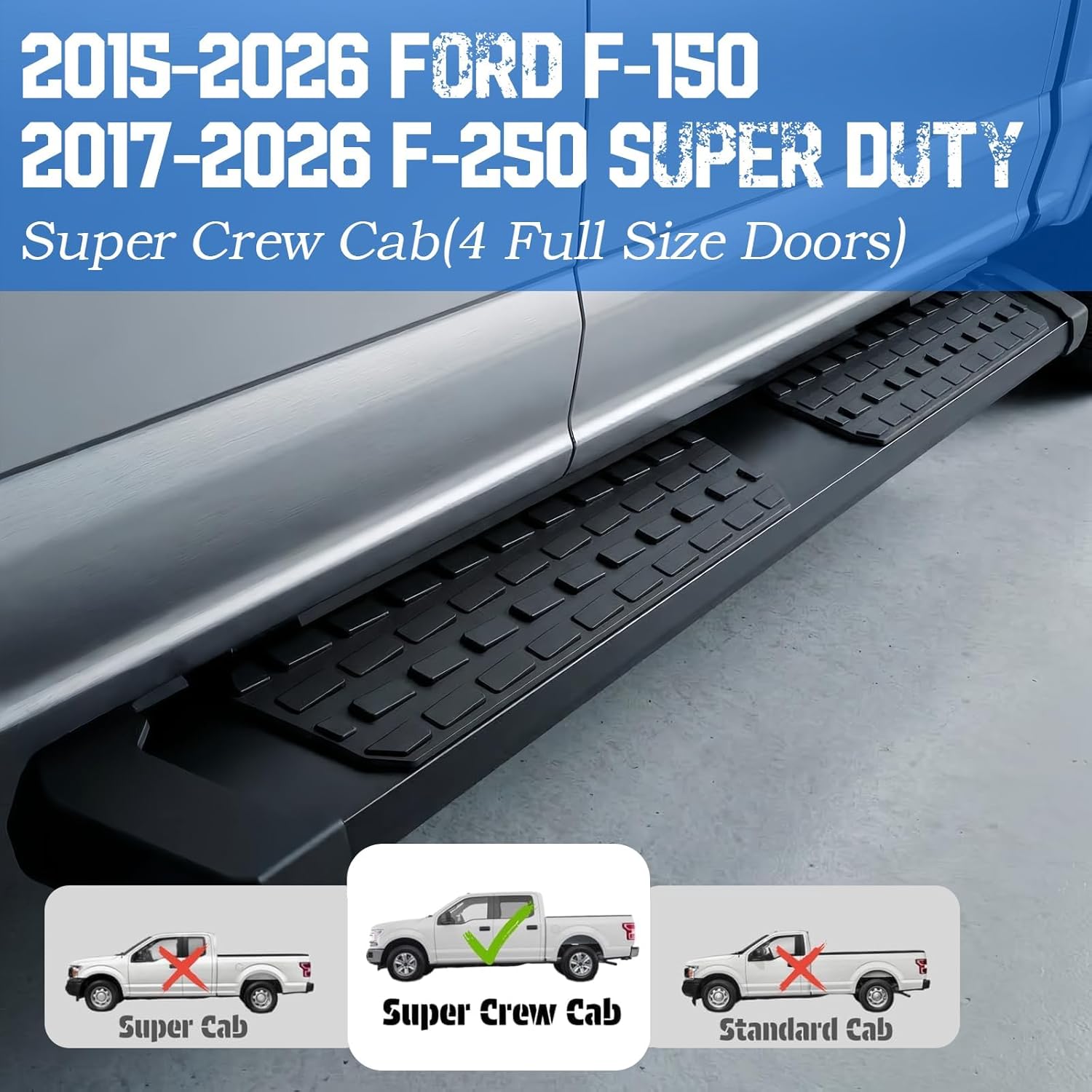 6" Running Boards Side Step Nerf Bar fits 2015-2026 Ford F-150 & 2017-2026 F-250 Super Duty - Super Crew Cab (Non-Slip Step Pads with Rugged Block Tread - 4 Doors) - Aluminum Alloy Black - Pair Set