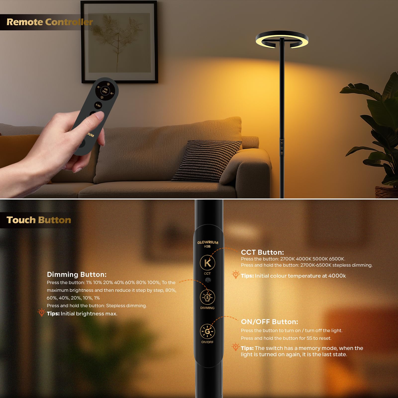 Lampada angolare a LED luminosa da 71 pollici con telecomando (batteria non inclusa), dimmerabile senza interruzioni, lampada da lettura girevole, 2700-6500K, moderna lampada da pavimento luminosa per
