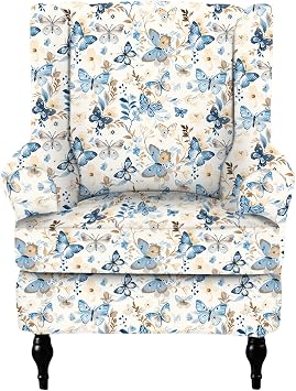 Printed Wingback Chair Cover All-Season Single Sofa Covers Stretch Retro Wingback Armchair Slipcover for Living Room Dining Room Hotel Bedroom Blue Butterfly