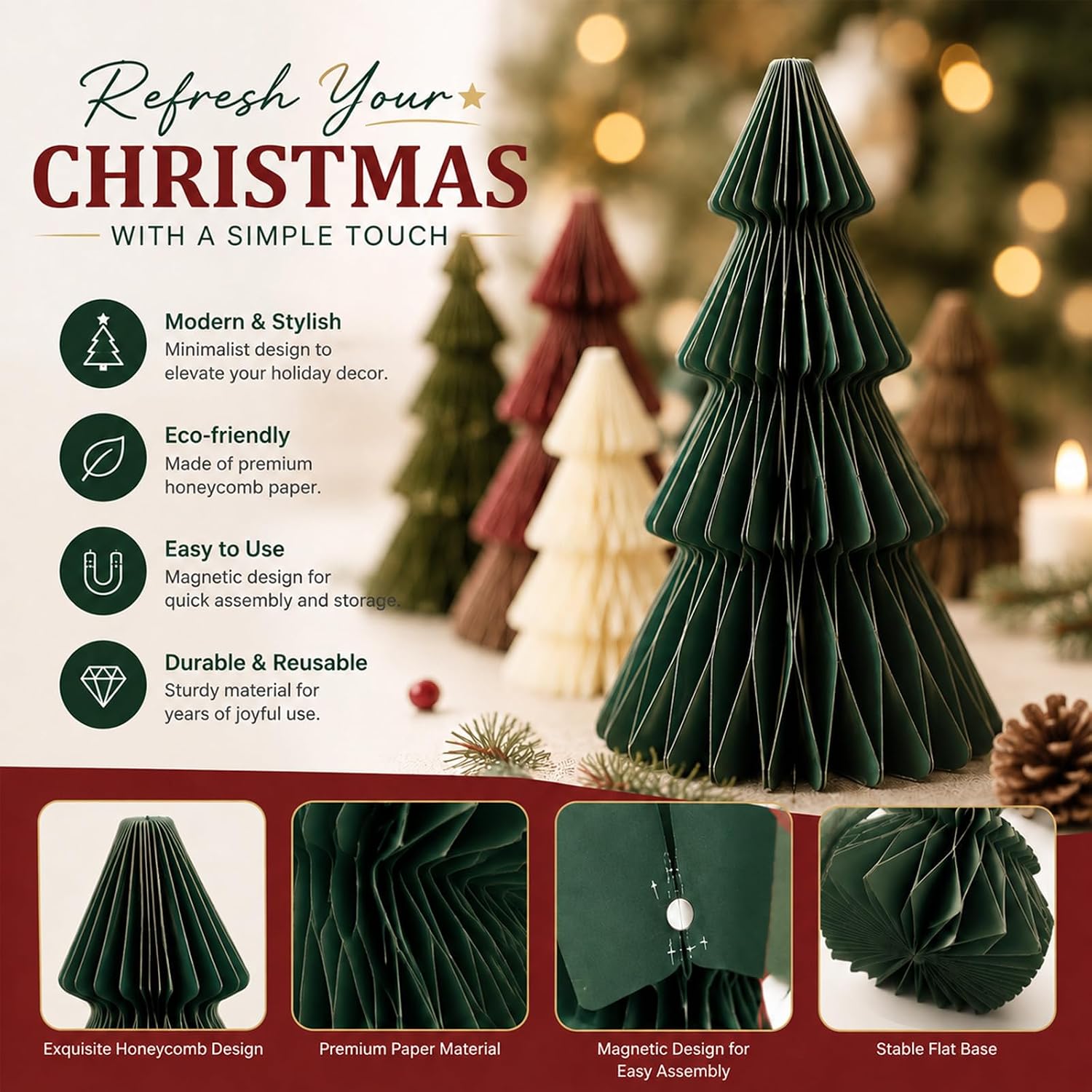 Cinnvoice 6 Pcs Modern Paper Christmas Tree Honeycomb Table Centerpiece