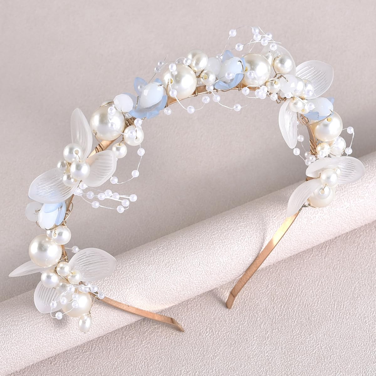 Flower Headband for Women Girls, Wedding Bridal Pearl Headpiece Hairband Hair Accessories for Prom Birthday Party (Blue, One Size) - Image 2