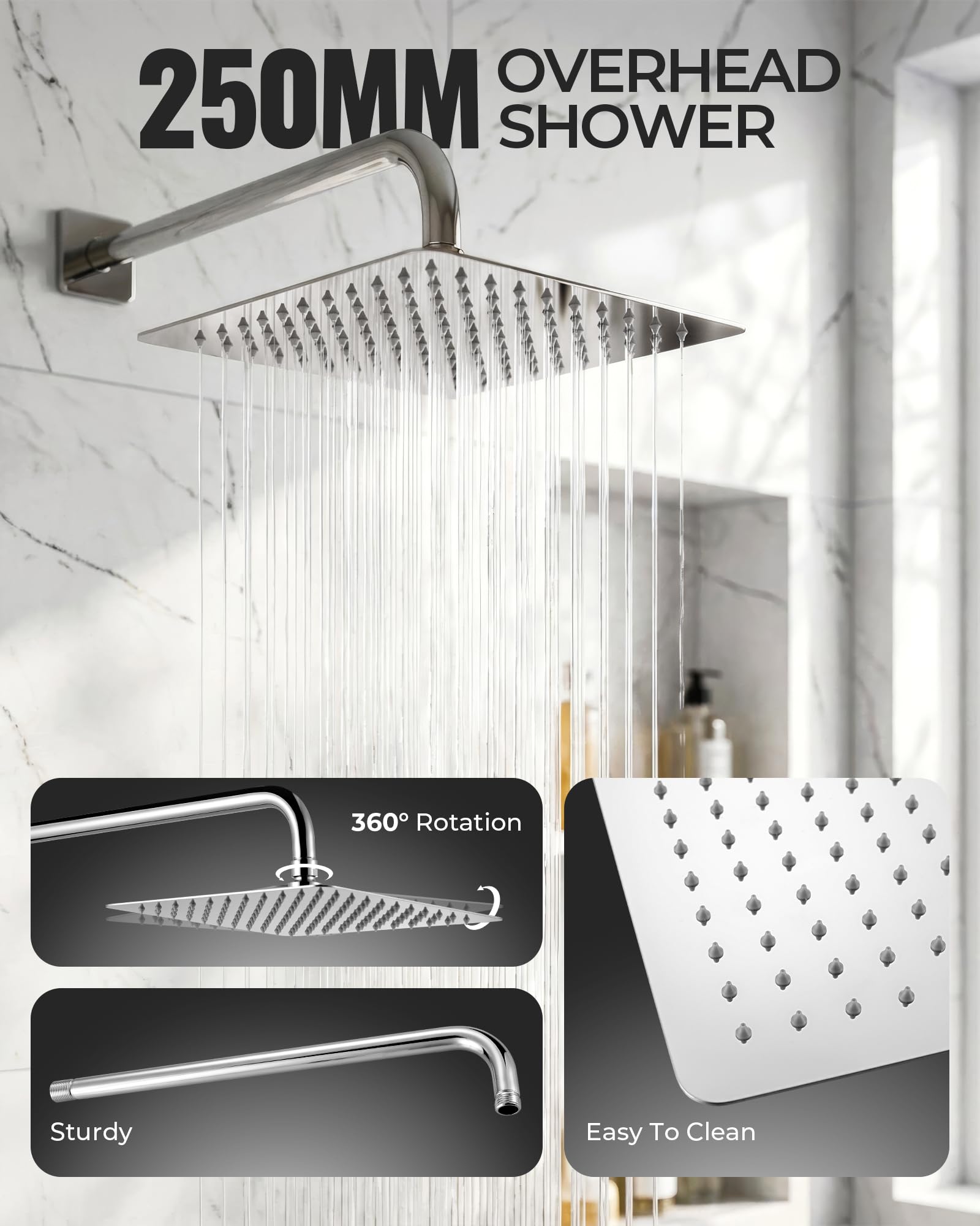 ARCORA Sistema de Ducha Empotrado con Termostato, Juego Completo con Válvula de Temperatura constante de 40 °C, Ducha de Lluvia Giratoria 360°, Ducha de Mano y Manguera, Acero Inoxidable y Latón