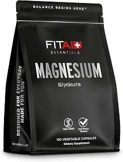 FITAID Essentials Magnesium Glycinate Capsules, High Potency Recovery for Weightlifting, Running, Cycling, Muscle Fatigue Relief, Bone Health, 2 Month Supply, 120 Bioavailable Veggie Capsules
