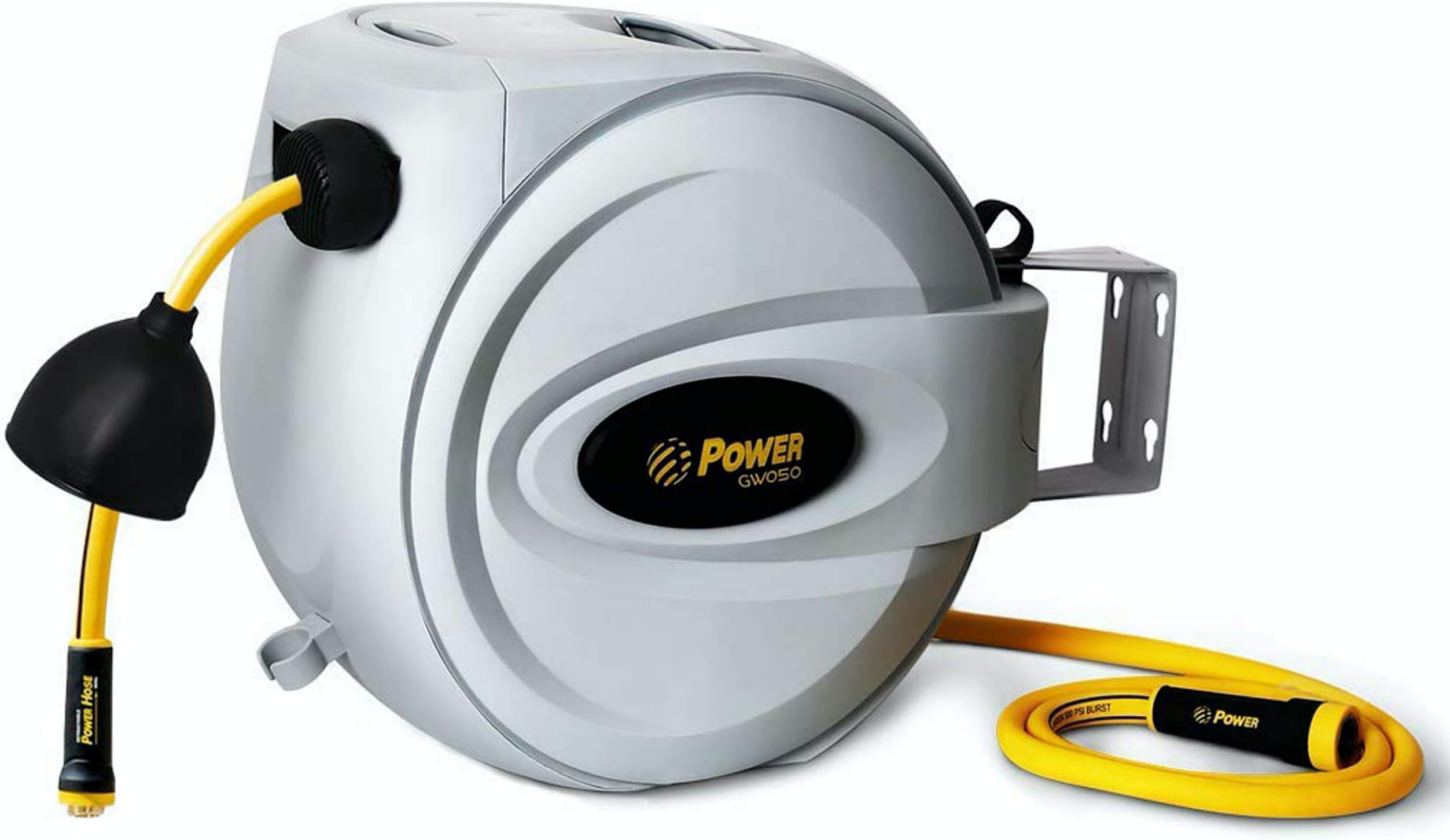 Power Retractable Hose Reel 20 Plus 2 Meters, Super Heavy Duty, Patented Nozzle Protector, Slow Return System, 500 Psi Burst Strength, 3 Layer Hybrid Hose