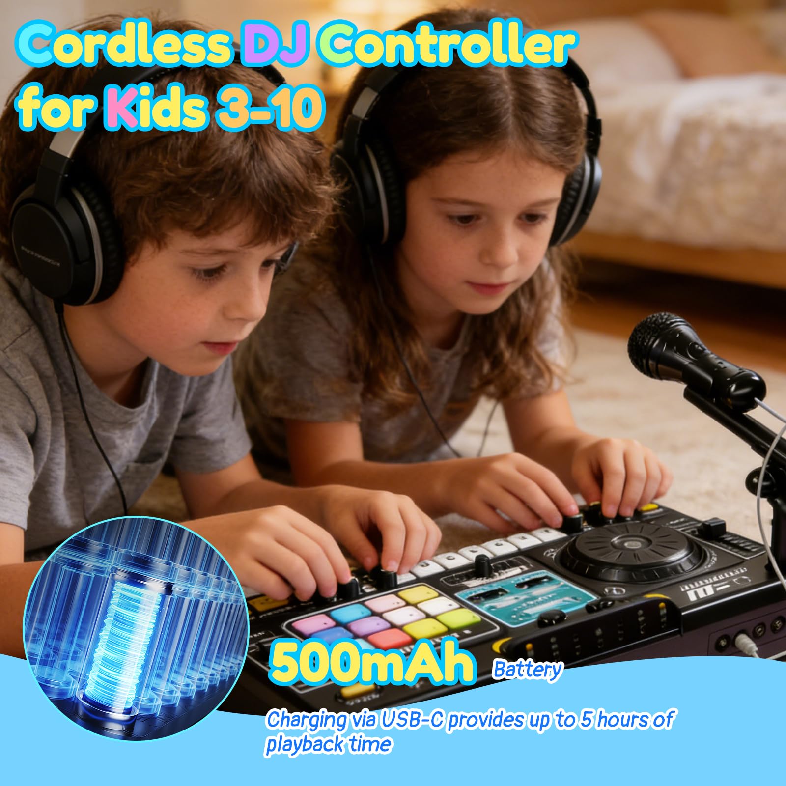 Table de mixage DJ pour enfants 3-12 ans, DJ Mixer Controller pour enfant Platines DJ Musicale avec 100+ effets sonores, micro, Lumières kit de mixage DJ Enfants Chargement USB, Bluetooth(schwarz)