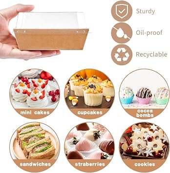 50 Pack 12cm Paper Cake Slice Boxes with Clear Lids, Square Food Containers for Charcuterie, Desserts & Bakery (Brown)