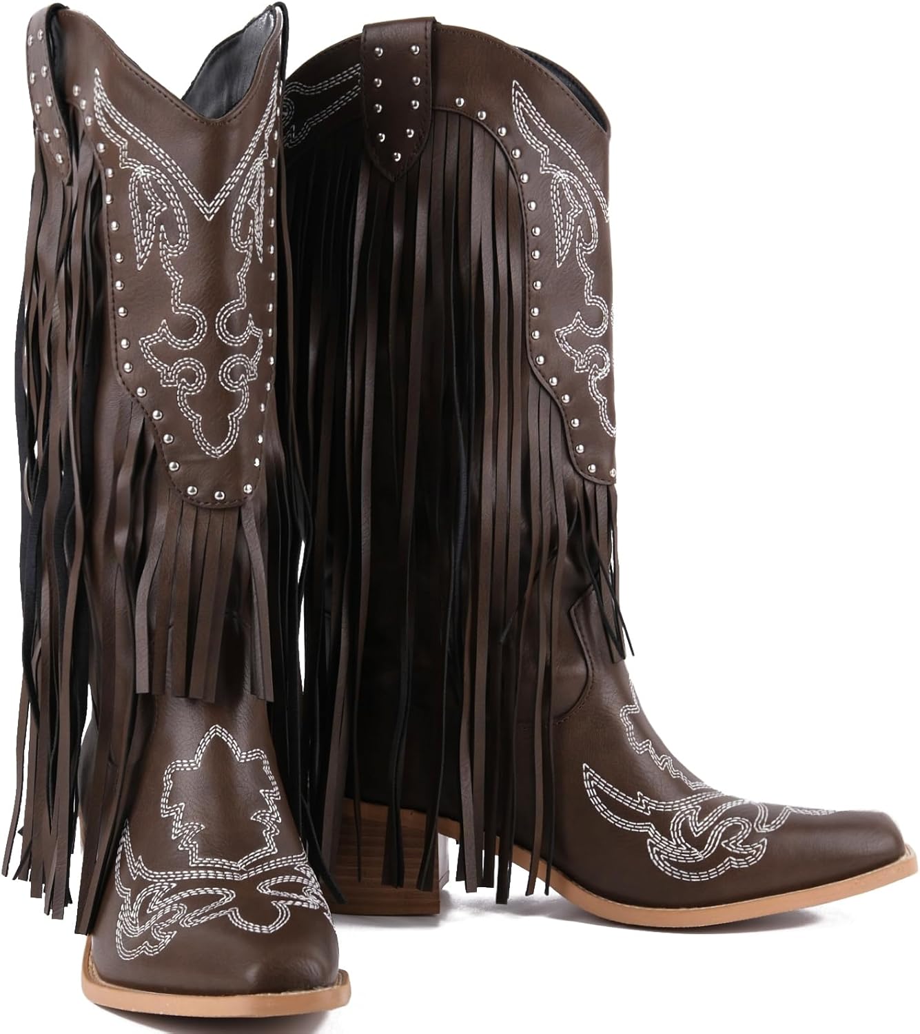 Yolkomo Cowboy Boots for Women with Fringe Western Cowgirl Boots Pointed Toe Chunky Heel