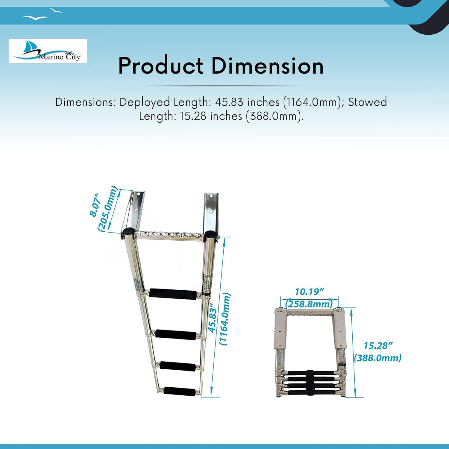 MARINE CITY Telescopic Drop Ladder with Gangplank Handle – Stainless Steel Folding Boat Ladder with Non-Slip Rubber Steps, Corrosion-Resistant for Marines Boats & Yachts