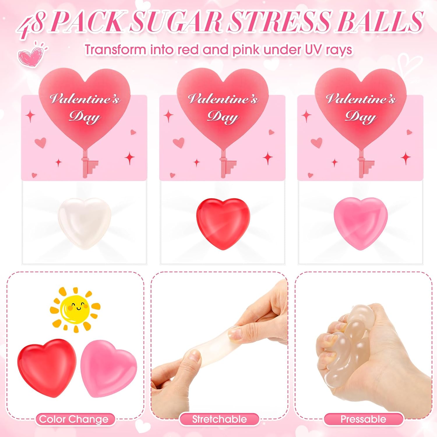 48 Pack Valentines Cards with Squeeze Heart Stress Ball Color Changing Fidget Sensory Squeeze Pink Greeting Cards Self-adhesive Bags Valentine's Gift Exchange Party Favors