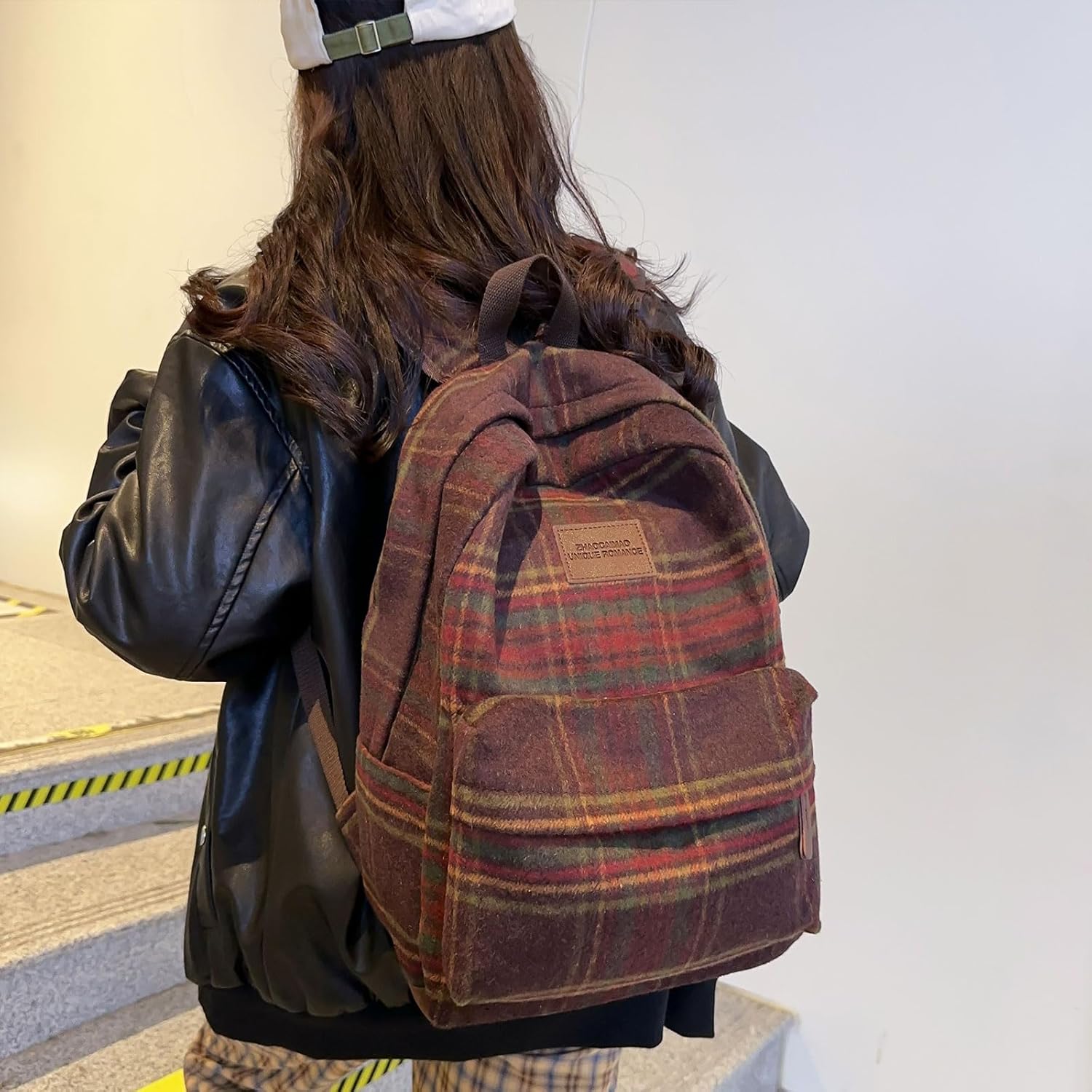 Teclado Backpack Plush Plaid Pattern 17.7 Inch Bookbags Lightweight Laptop Bag Travel Daypacks (Red) - Image 3