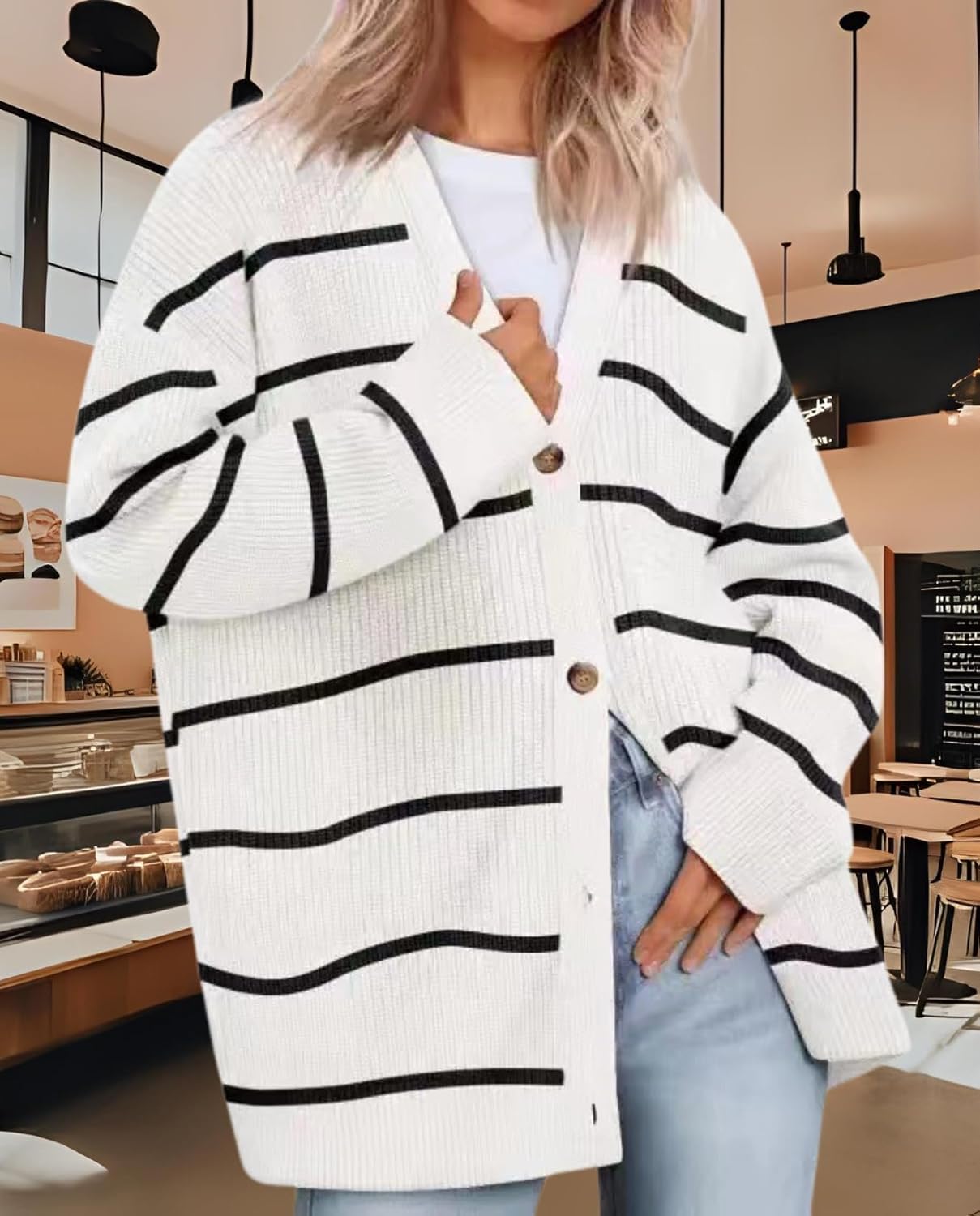 Women's Cardigan Casual Sweater Oversized Long Sleeve V-Neck Button Cardigan Top for Vacation and Daily Life - Image 3