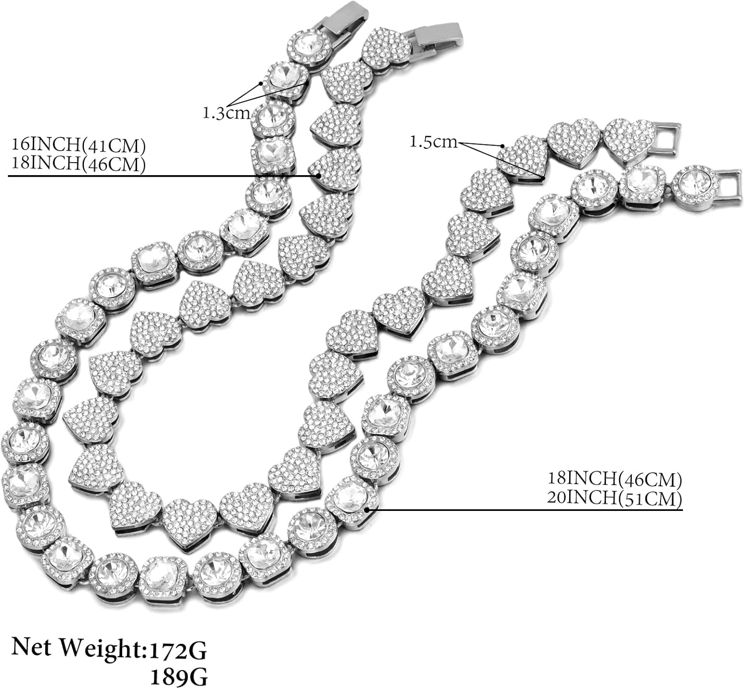 shopbyskyler Women's 18+20'' Zinc Necklace, Clustered Diamond Tennis Chain & Heart Necklace Set, Hip Hop Jewelry, Gold, Cuban Link, for Female, Gifts