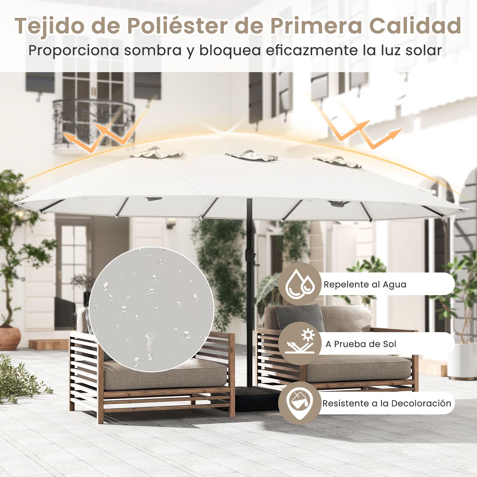 GOPLUS Sombrilla de Jardín con Base, Parasol Doble Plegable 4,6x2,8M con Techo de Protección Solar, 12 Varillas y Sistema de Manivela, Sombrilla Terraza Exterior Impermeable (Beige)