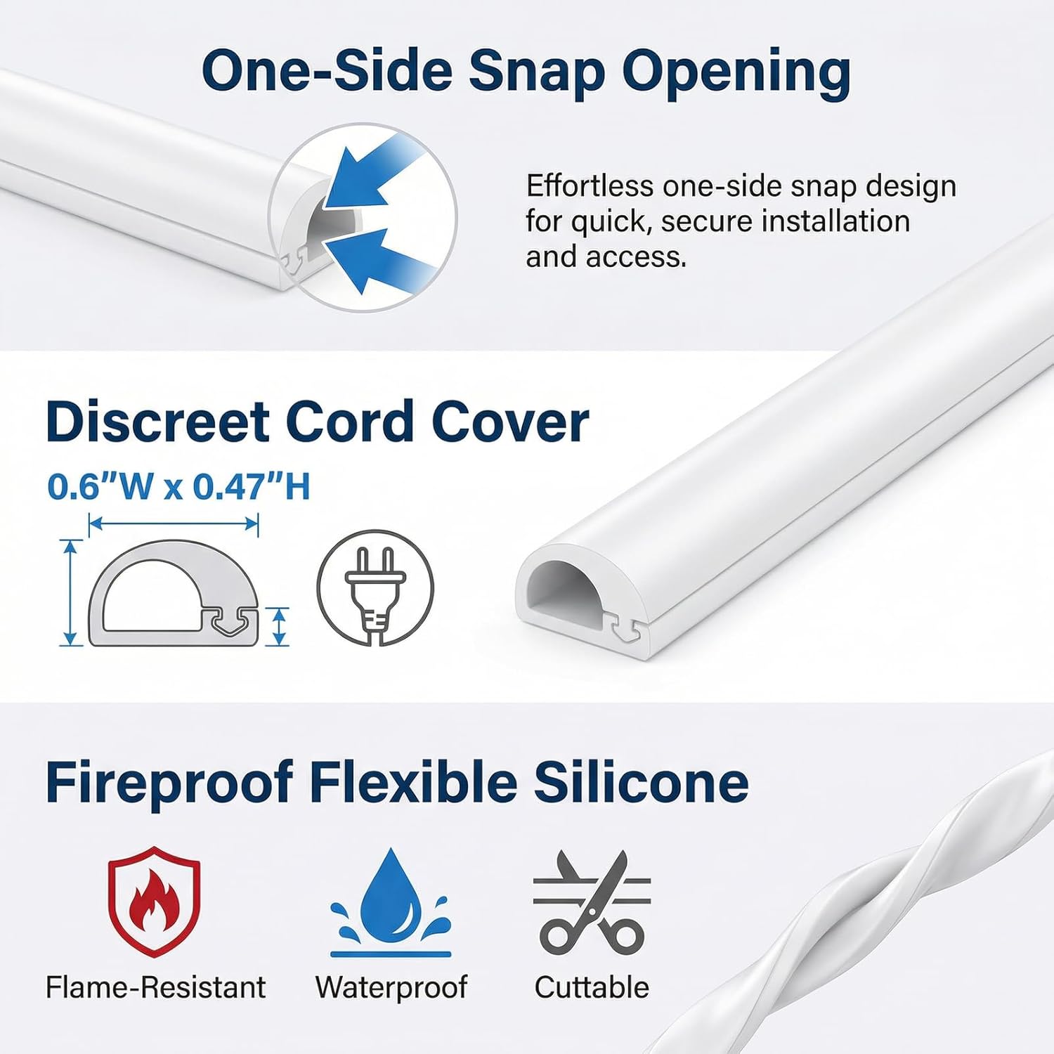 Cord Hider Wall for 2-3 Cables, 118" Self Adhesive Silicone Cord Covers for Wires On Wall, Flexible Wire Covers for Cords On Wall, Cable Cover Raceway for Home, Office, White (1.06" W x 0.5" H)
