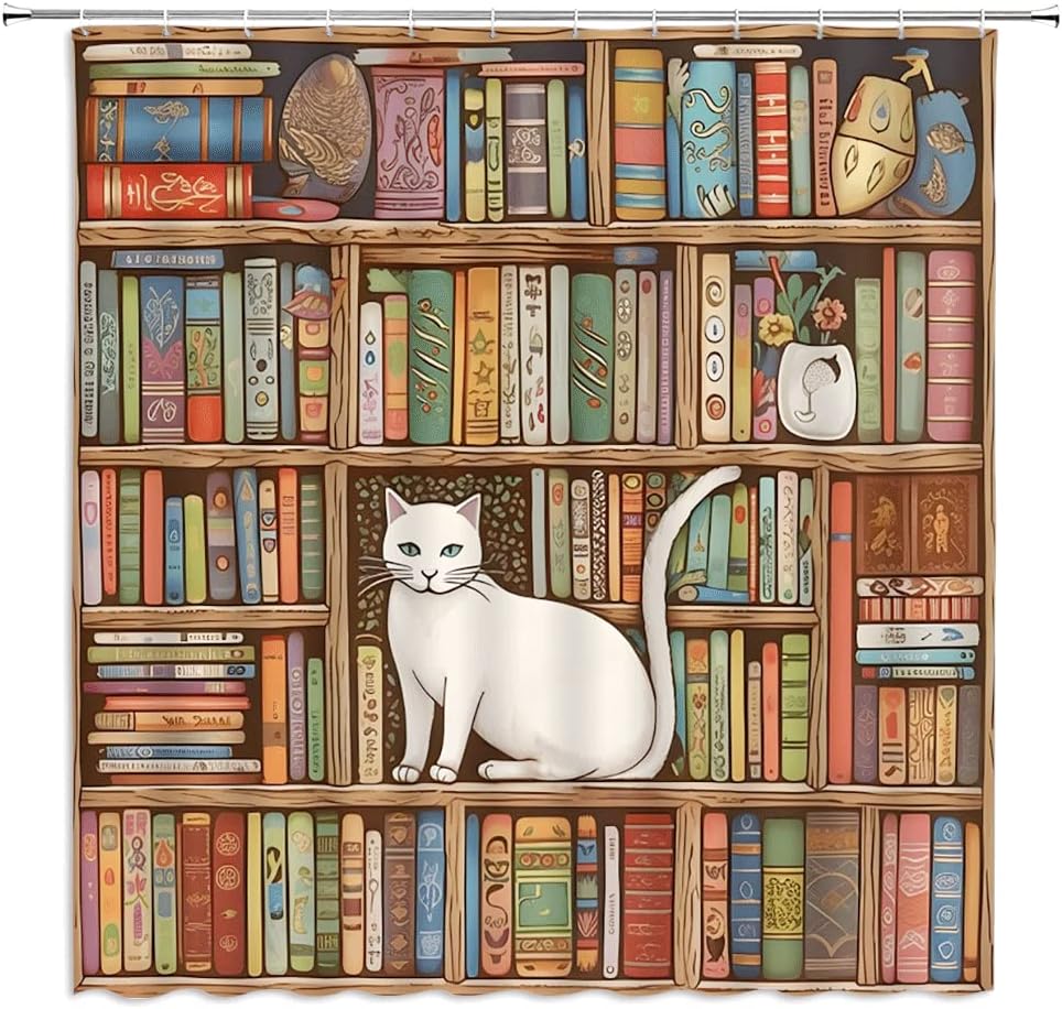 Library Bookshelf Shower Curtain Lovely Cat Vintage Educational Bookcase Readable Book Wooden Bathroom Decor Fabric Curtains with Hook 70Wx90H Inches