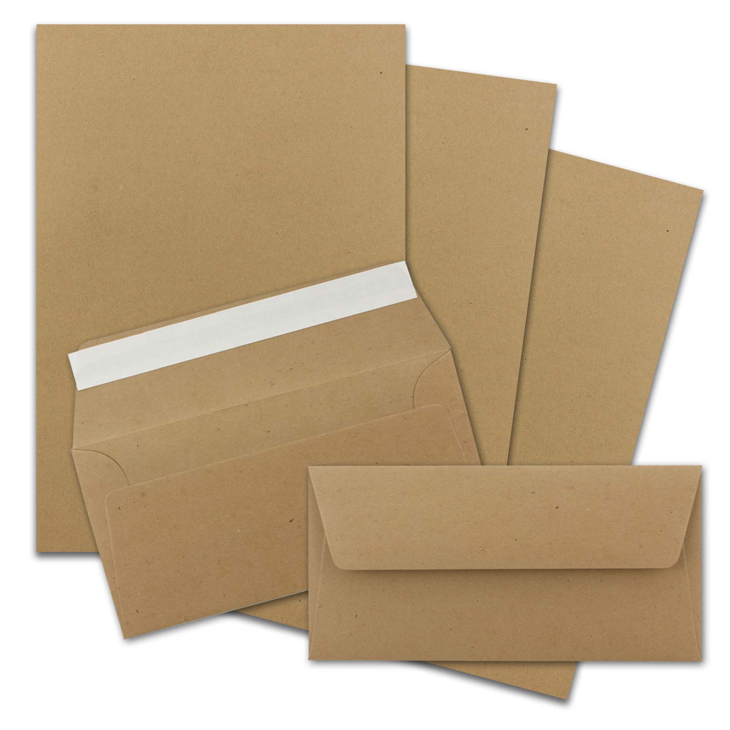 Juego de 1000 papel de carta DIN A4 con sobres DIN largos, cierre adhesivo sensible a la presión, papel de estraza, marrón, papel para escribir reciclado con sobres FarbenFroh by GUSTAV NEUSER