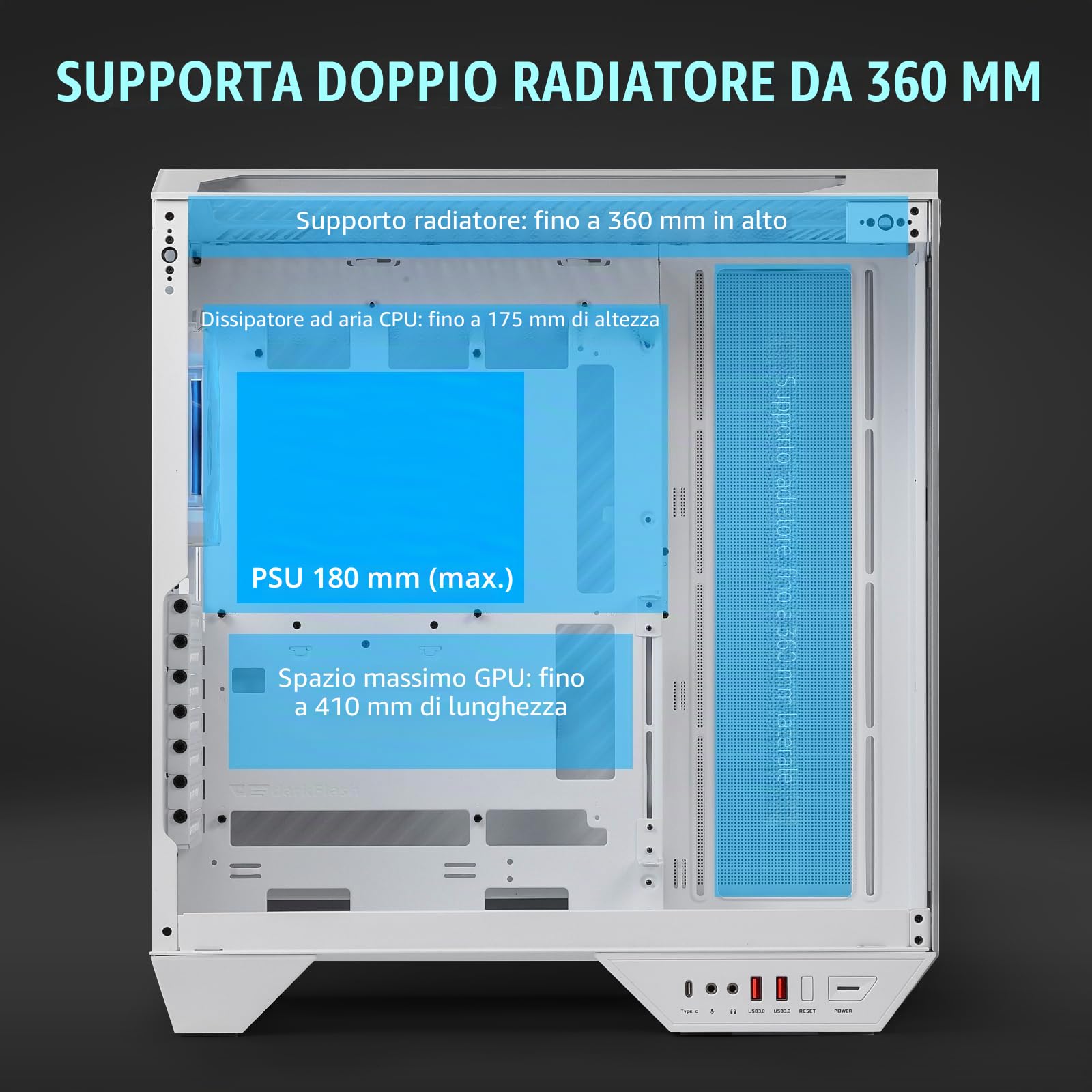 darkFlash Case PC ATX Full-tower Gaming, Scheda Madre con Connettore Posteriore, Doppia Camera, Vetro Panoramico, Fino a 2x360mm Rradiatori, Compatibile con RTX 40 (DY470) (1 ventole PWM ARGB, Bianco)
