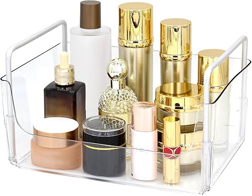 Bandeja organizadora de maquillaje transparente con asas, almacenamiento de baño y tocador para cosméticos, cuidado de la piel, organizador de