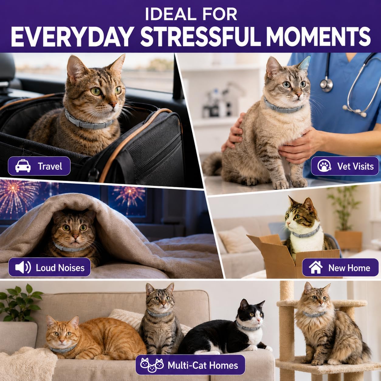 4 Pack Calming Collars for Cats, Adjustable 15 in Cat Pheromone Collar for Stress Relief, Waterproof Soft TPR, Support for Travel, Vet Visits, Loud Noises and Moving, Work for up to 60 Days, Gray