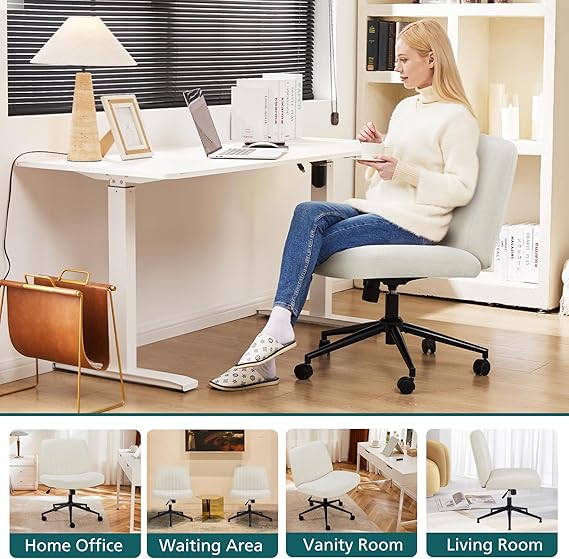 OLIXIS Criss Cross Office Chair, Vanity Chair, Home Office Desk | Wide Seat, Height Adjustable, Comfy Fabric, Armless No Wheels, Bedroom, Study Room, Beige