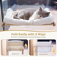 Vista 2 de Pecute Percha plegable para ventana para gatos, cama para gatos suave como la nube con marco de madera maciza, ventosa fuerte, cojín lavable, hamaca