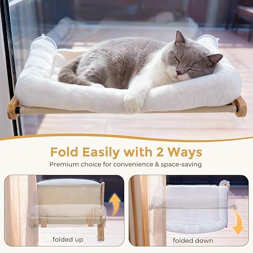 Miniatura 2 de Pecute Percha plegable para ventana para gatos, cama para gatos suave como la nube con marco de madera maciza, ventosa fuerte, cojín lavable, hamaca