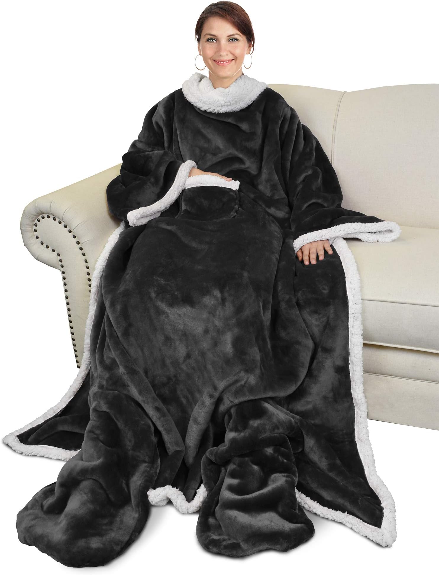 Catalonia Sherpa Wearable Blanket with Sleeves & Foot Pockets for Adult Women Men, Comfy Snuggly Wrap Sleeved Throw Blanket Robe, Gift Idea, Black