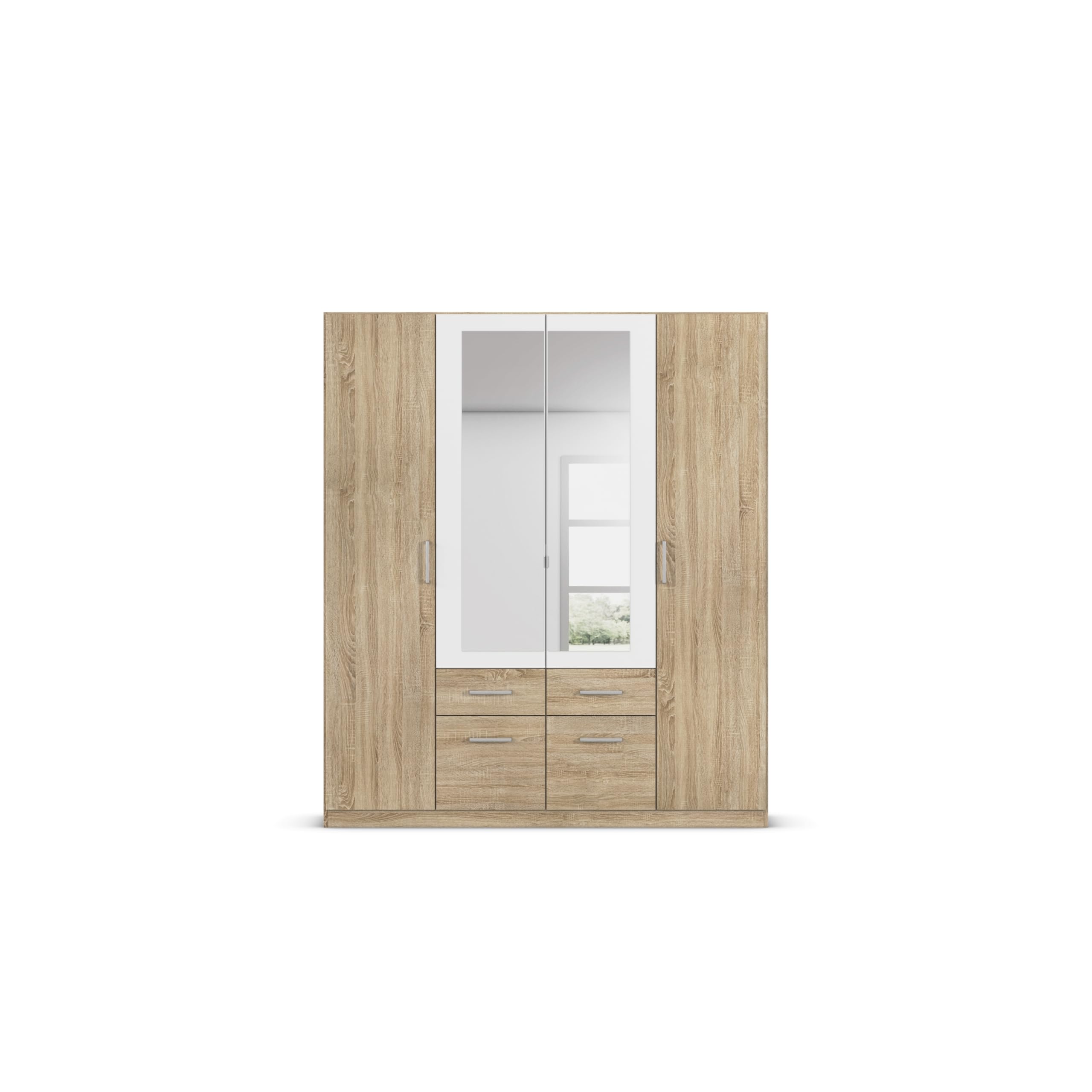 Rauch Möbel Burano - Camera da letto, in rovere Sonoma/bianco, composto da letto con superficie di appoggio 180 x 200 cm, con 2 comodini e armadio con ante girevoli, 181 x 212 x 58 cm