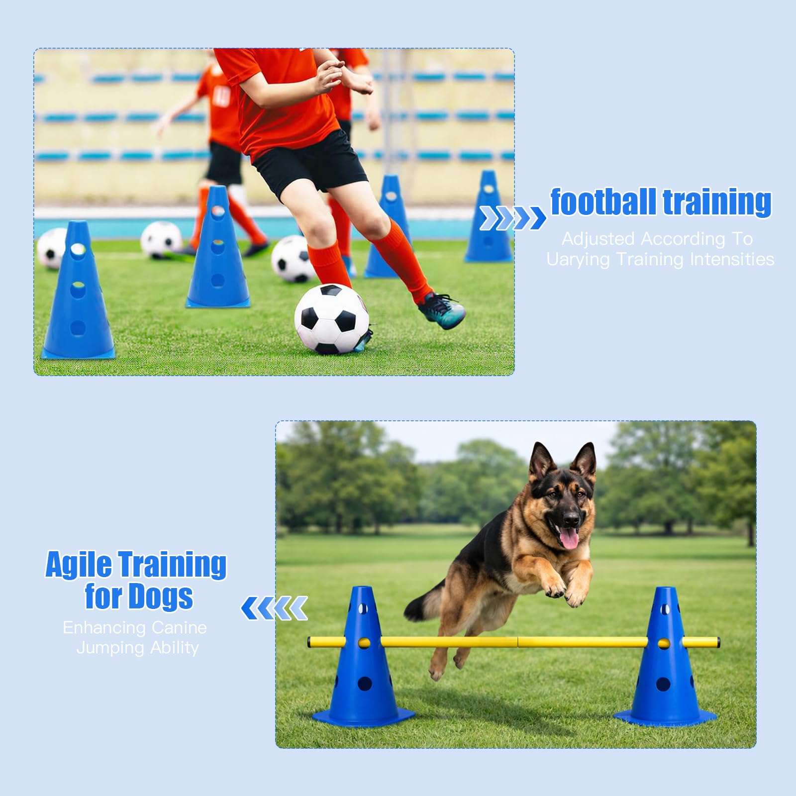 Set Ostacoli Steccati 10 Coni + 5 Aste – Agility Hurdles Regolabili in Altezza per Sport Canino e Allenamento Calcio – Set Multiuso per Cani, Bambini e Cavalli – Altezza 23 cm, Lunghezza 80 cm