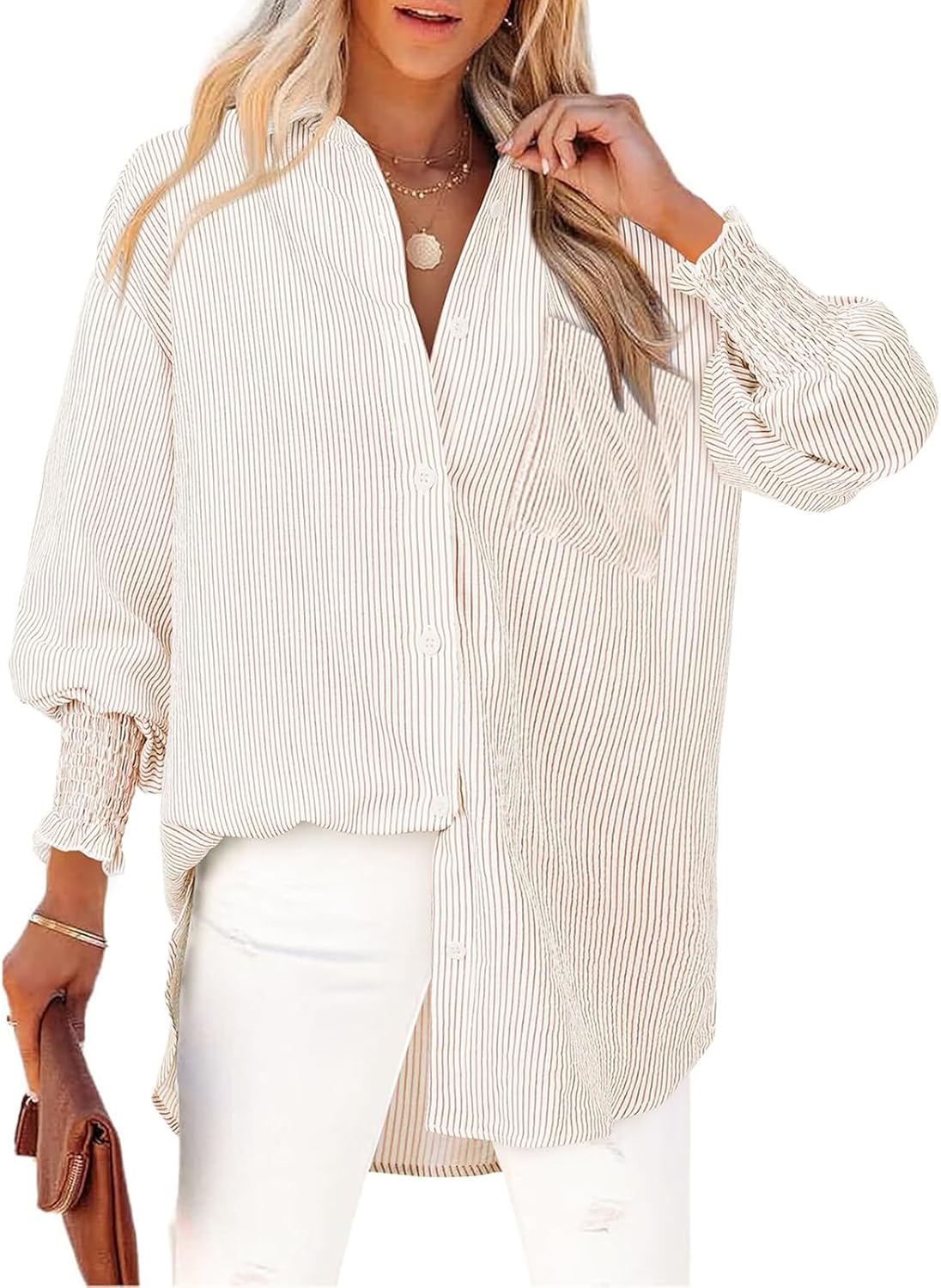 NILOINE Womens Striped Button Down Shirts Smocked Cuffed Blouse Long Sleeve Casual Collar Oversized Shirt Tops with Pocket