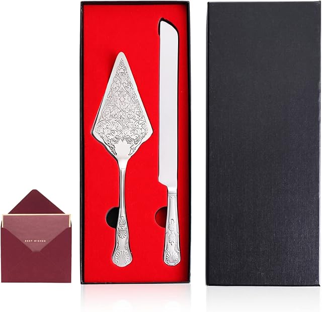 Cake Knife and Server Set: Stainless Steel Wedding Cake Cutting Set Plating with Carved Pattern Design Elegant Cake Pie Pastry Server Spatula Set Perfect for Wedding Birthday Shower Parties (Silver)