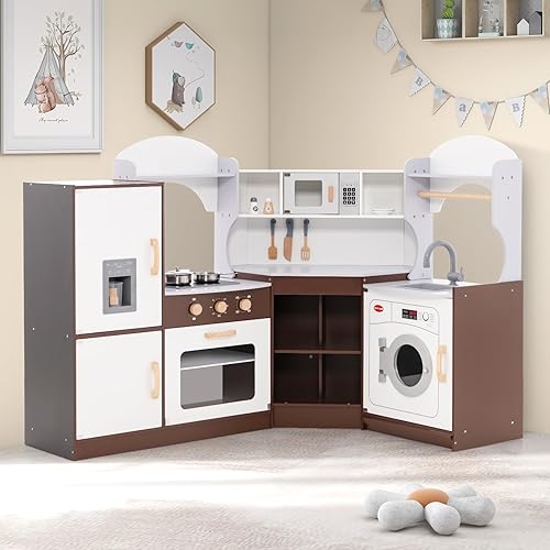 Miniatura 5 de Costzon Juego de cocina de esquina para niños, cocina de madera con lavadora, campana extractora, máquina de hielo, microondas, horno, fregadero,