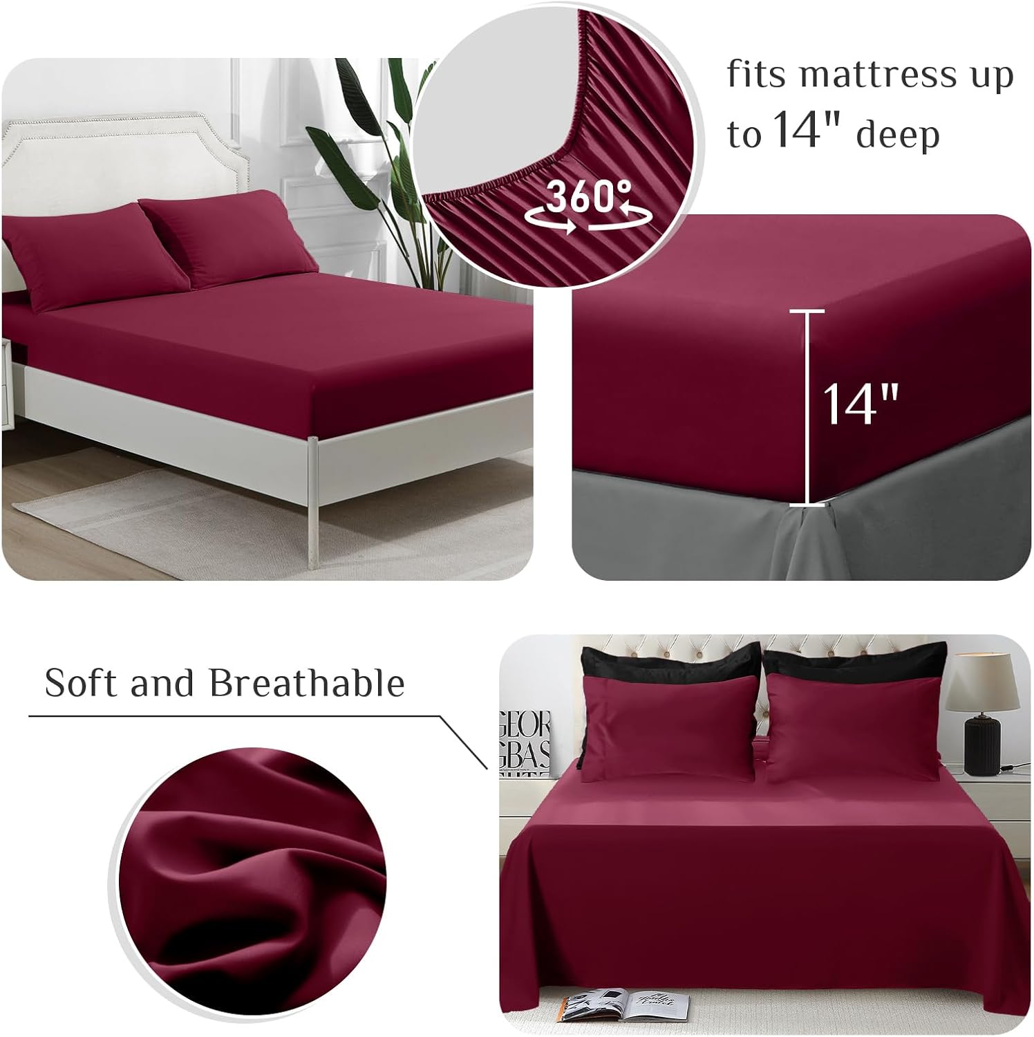 JOLLYVOGUE Queen Comforter Set, Ultra-Soft Bed in a Bag Queen Size 7 Pieces, Oeko-TEX Certified Bedding Set with Down Alternative Comforter, Sheets, Pillowcases & Shams, Burgundy & Black - Image 4