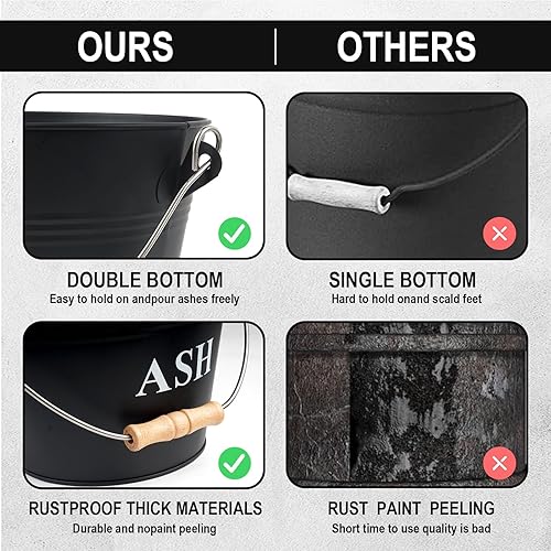 Miniatura 4 de Cubo de cenizas con tapa, pala y escoba de mano, cubo de metal para chimenea de 1.5 galones, base reforzada y lata de cenizas, hoguera, estufa de