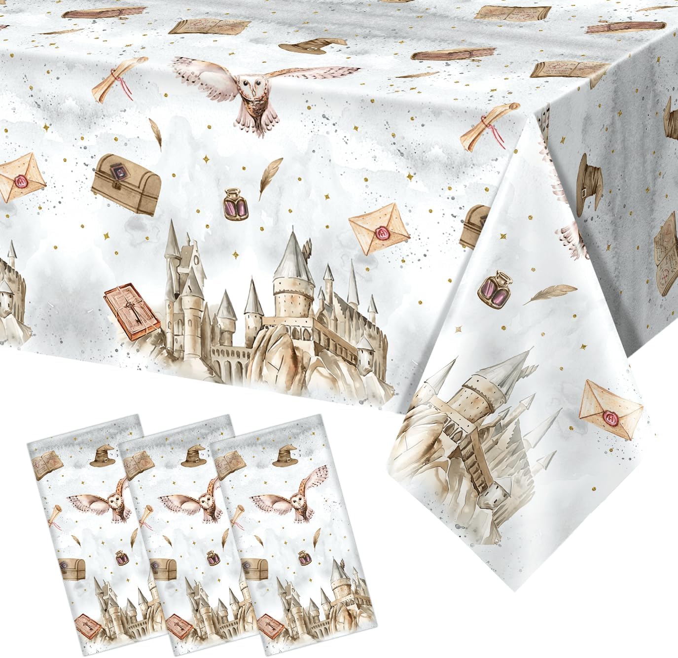 3 Pieces Magical Wizard Party Tablecloth Boys Girls Witch Wizard Magic School Happy Birthday Party Table Cover Large Tablecloth Vintgage Castle Owl Supplies 54 x 108 Inch
